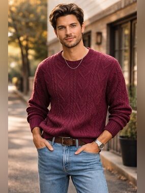 Vintage Checkpoint Cable Knit Sweater Mens Large Burgundy Maroon 100% Cotton 80s